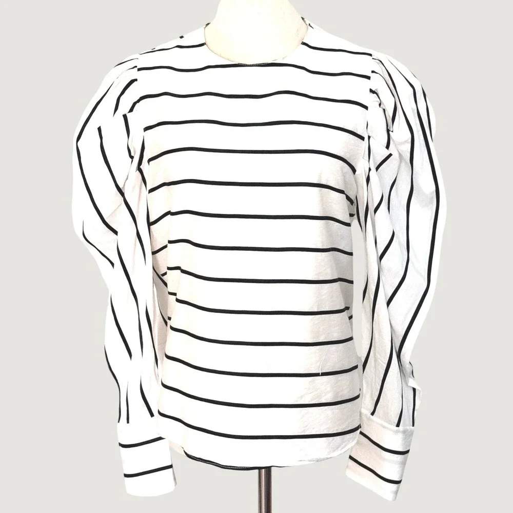 Zara Striped Puff Sleeve Blouse White Black Size Medium Cotton Blend Top